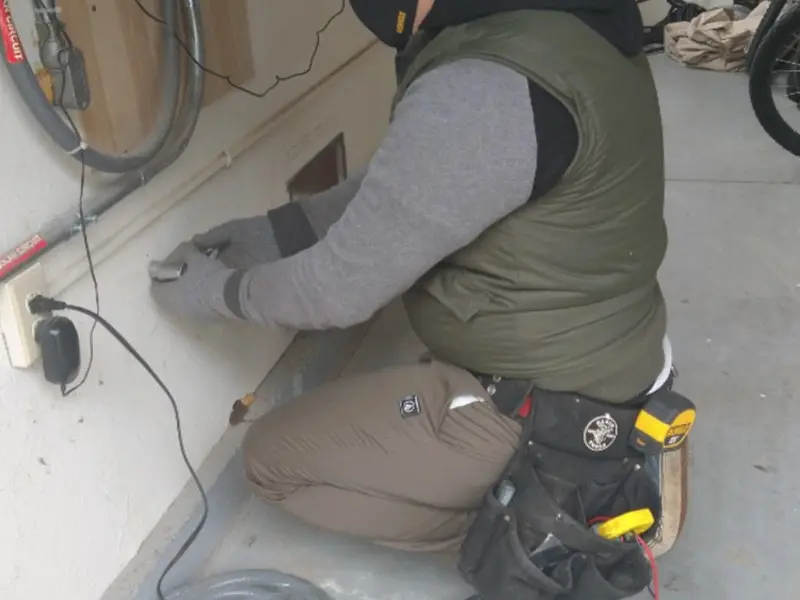 Electrician performing outlet wiring in a Red Bluff garage